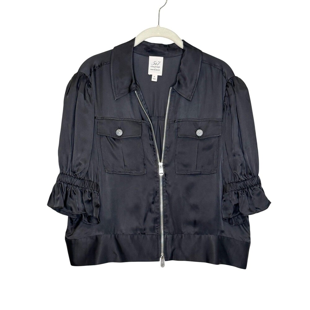 Cinq A Sept Holly Ruffle Sleeve Jacket Medium Black Cupro Puff Zip Front - Picture 2 of 8
